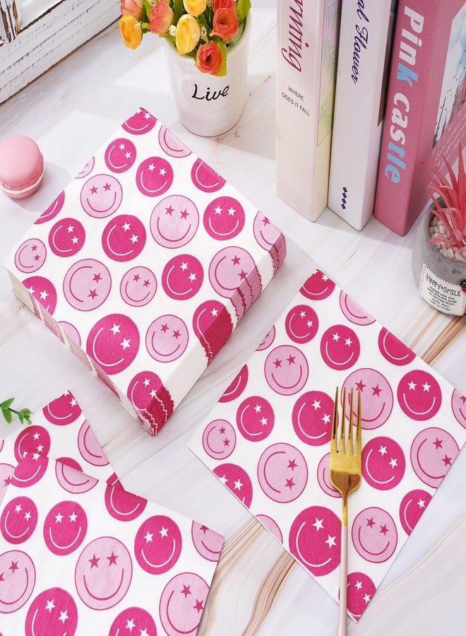 وولاين مجموعة من 80 منديل ورقي أنيق من والين، مقاس 6.5 × 6.5 بوصة، مزينة برسومات وجوه مبتسمة، لون وردي فاقع، مناسبة لحفلات العشاء، وحفلات المدرسة، وحفلات الهيبيز، وتزيين الطاولات. - Image 4